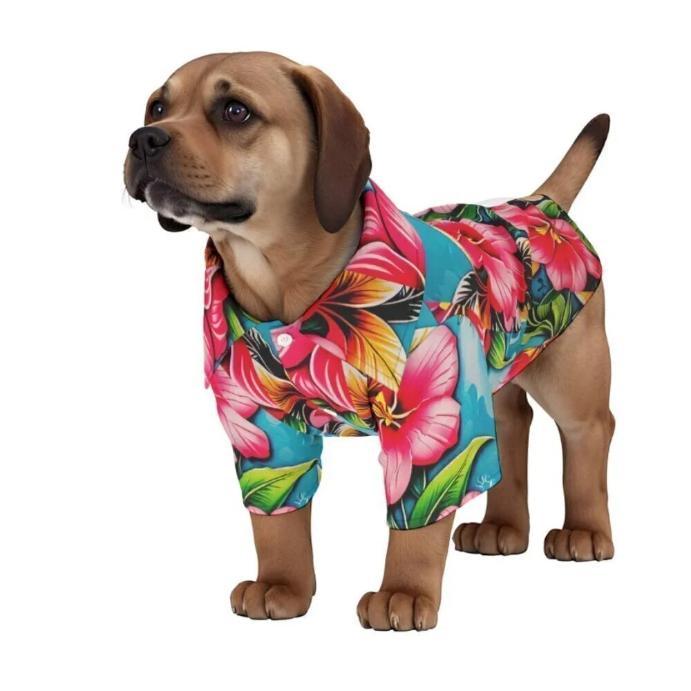 Dog Floral Hawaiian Shirt Medium  Hibiscus Pink Flowers, Stocking Stuffer NWT